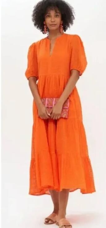 Oliphant Dresses & Skirts - OLIPHANT Tuckernuck Puff Sleeve Maxi Dress Sunset Orange Basketweave Cotton